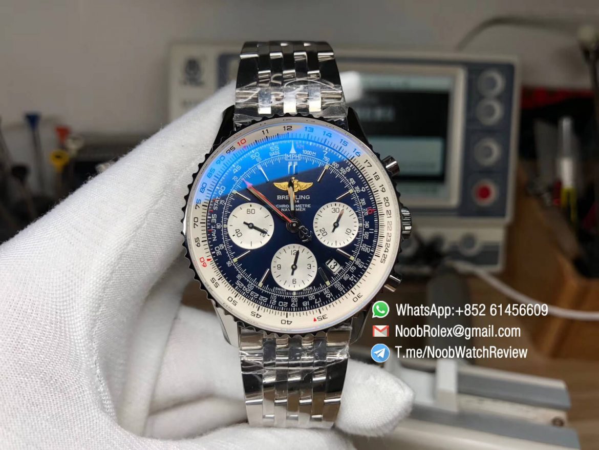 JF High Quality Breitling Navitimer 01 Chrono Stainless Steel Case Bracelet Blue Dial White Sub Dial on A7750 Best Edition 01